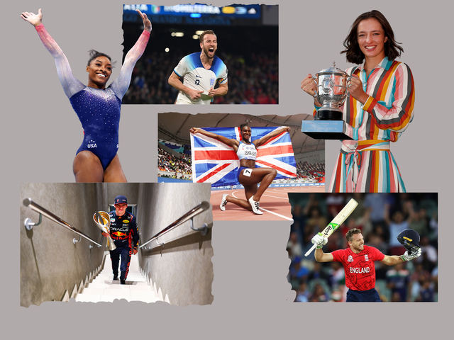 <p>A big year ahead for (clockwise from top left) Simone Biles, Harry Kane, Dina Asher-Smith,  Iga Swiatek, Jos Buttler and Max Verstappen </p>